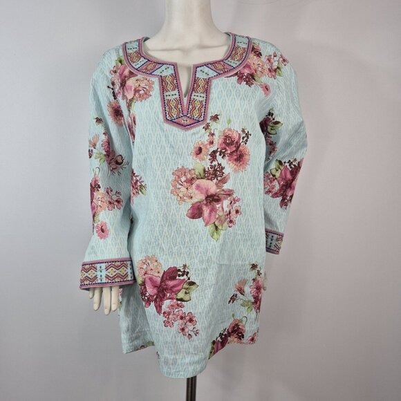 John Mark Women's Size S Floral Print Embroidered and Beaded Tunic Blue Pink (53 - Picture 2 of 13